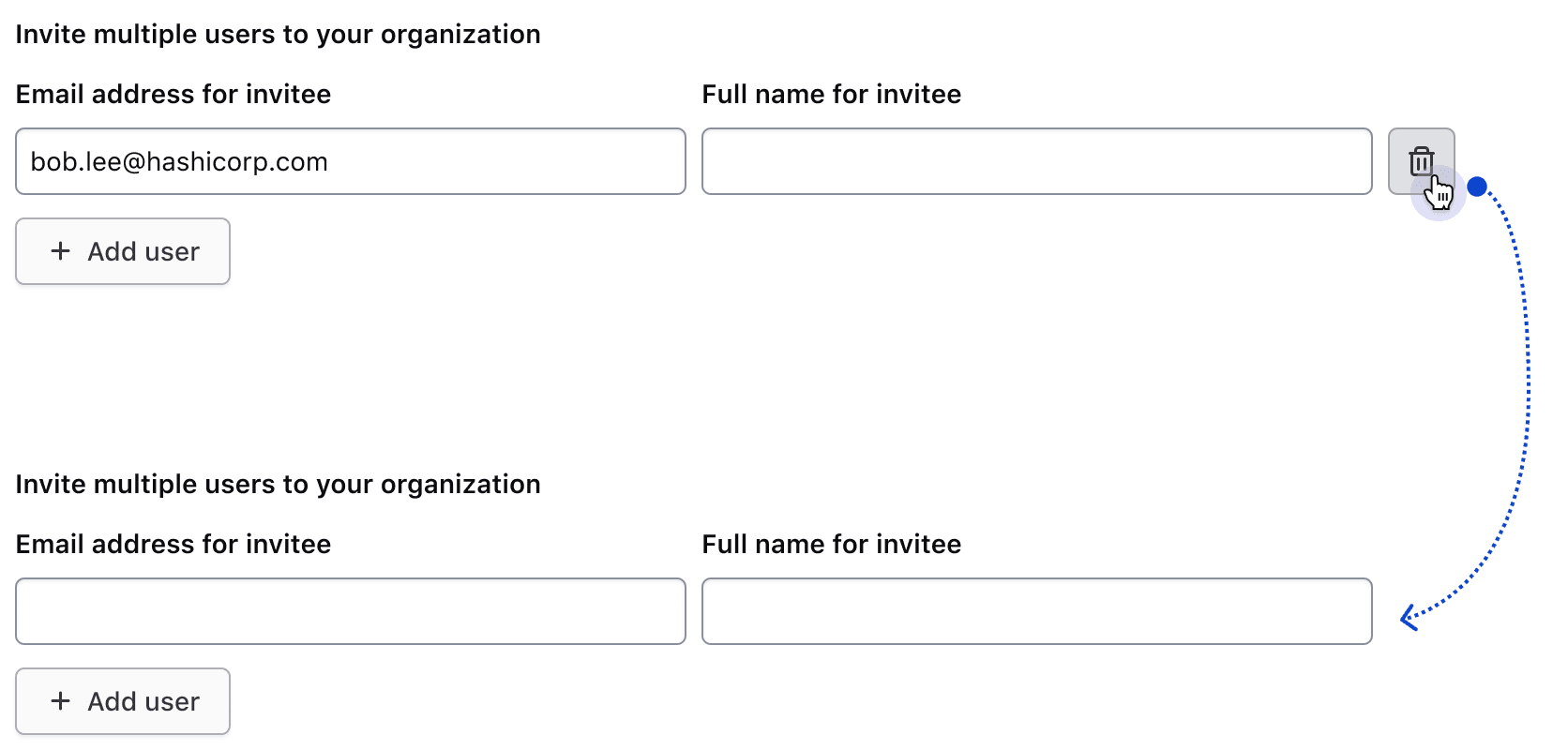 A single row with a key and value input. The key input includes entered data and a delete button is visible with a cursor pressing it. Below it is showing that same key value input with no data in it with no delete button next to it.